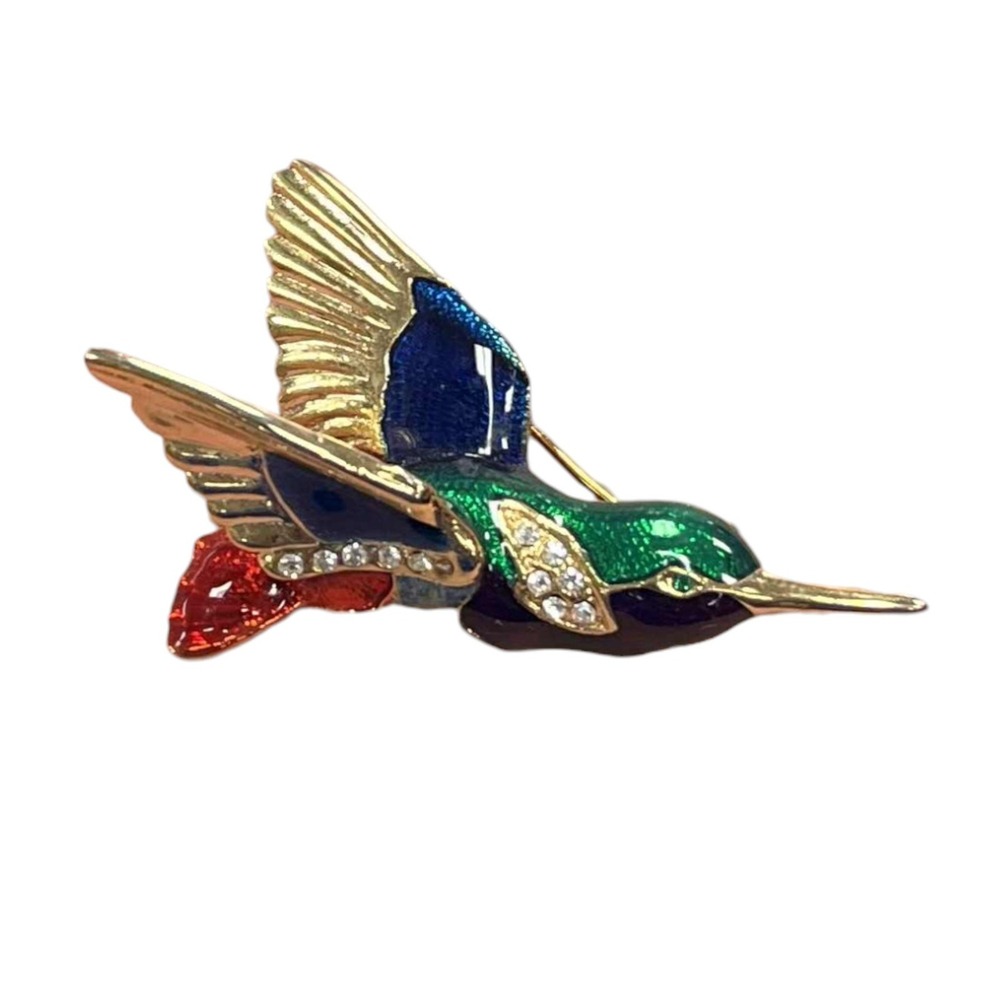 Gold Tone Clear Rhinestones Blue, Green and Red Enamel Hummingbird Brooch Pin